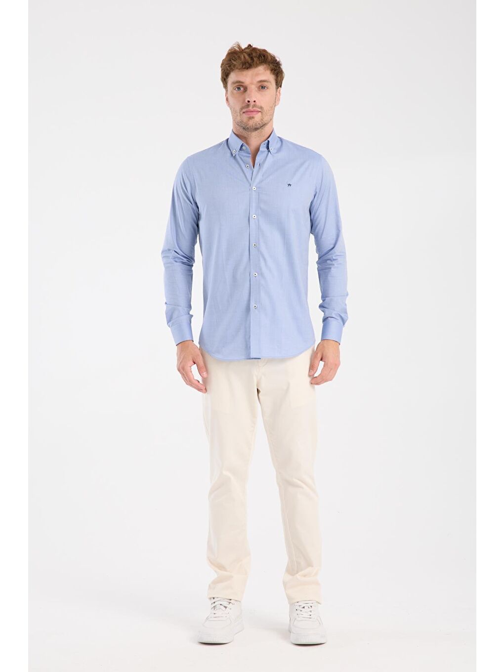 Aclub Ac10104 Twill Pamuklu Slim Fit Koyu Mavi Düğmeli Yaka Erkek Düz Gömlek