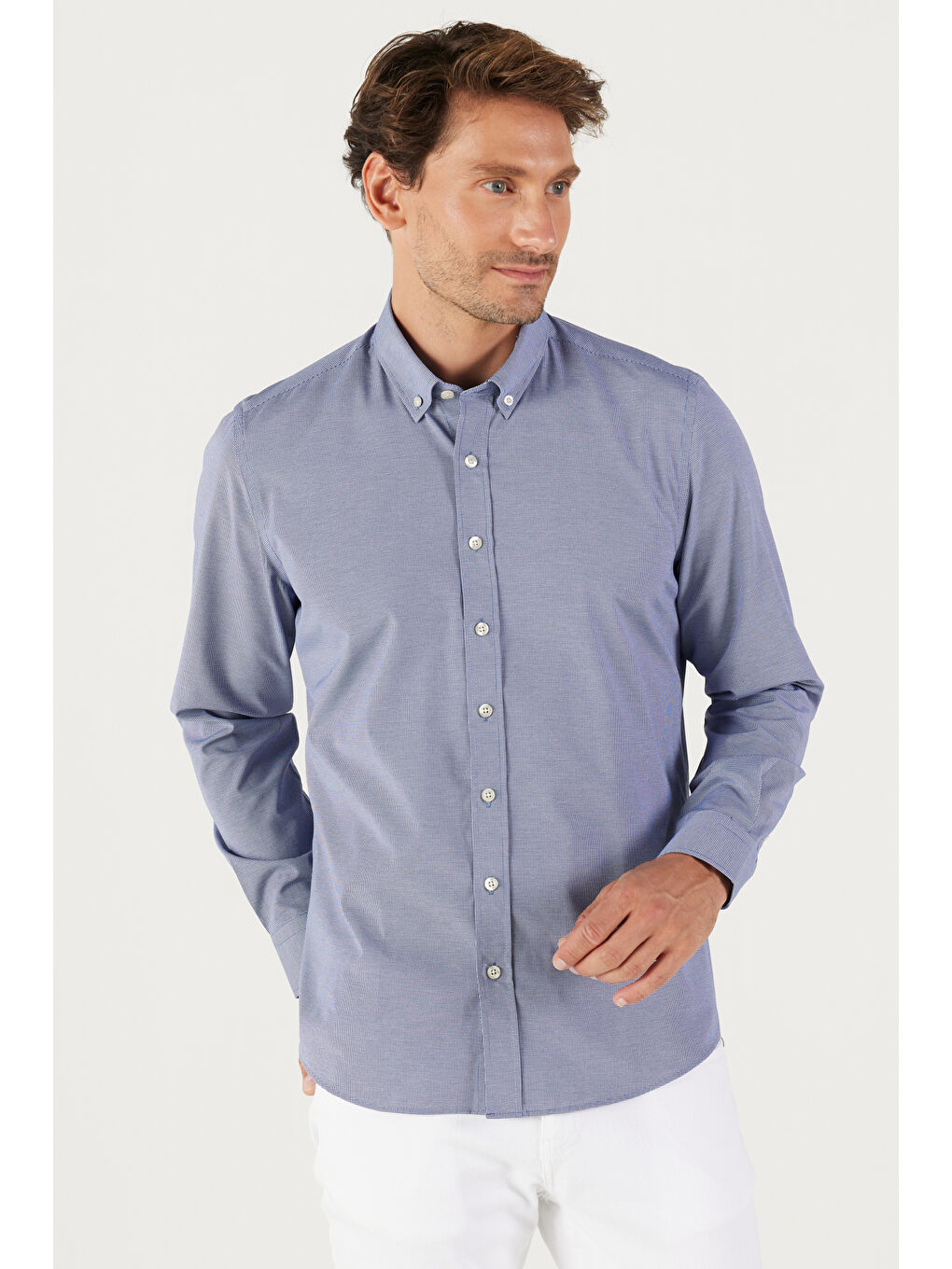 Erkek Lacivert Slim Fit Dar Kesim Oxford Düğmeli Yaka Pötikareli Pamuklu Gömlek-2