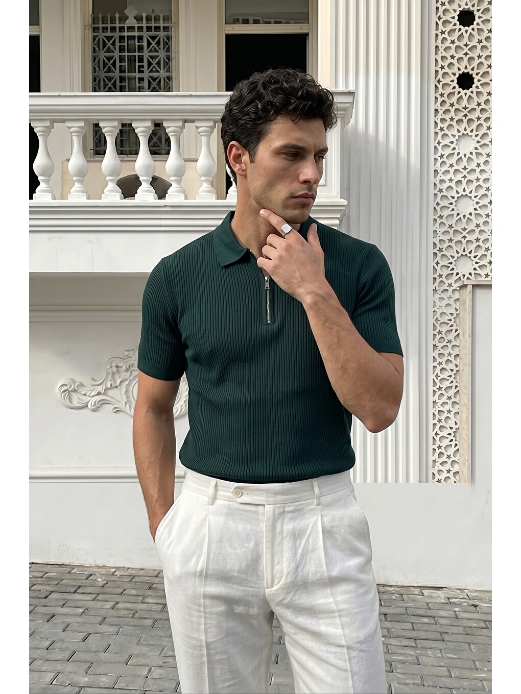 Yeşil Orin Premium Fitilli Triko Polo Yaka Yarım Fermuarlı Erkek Tişört-4
