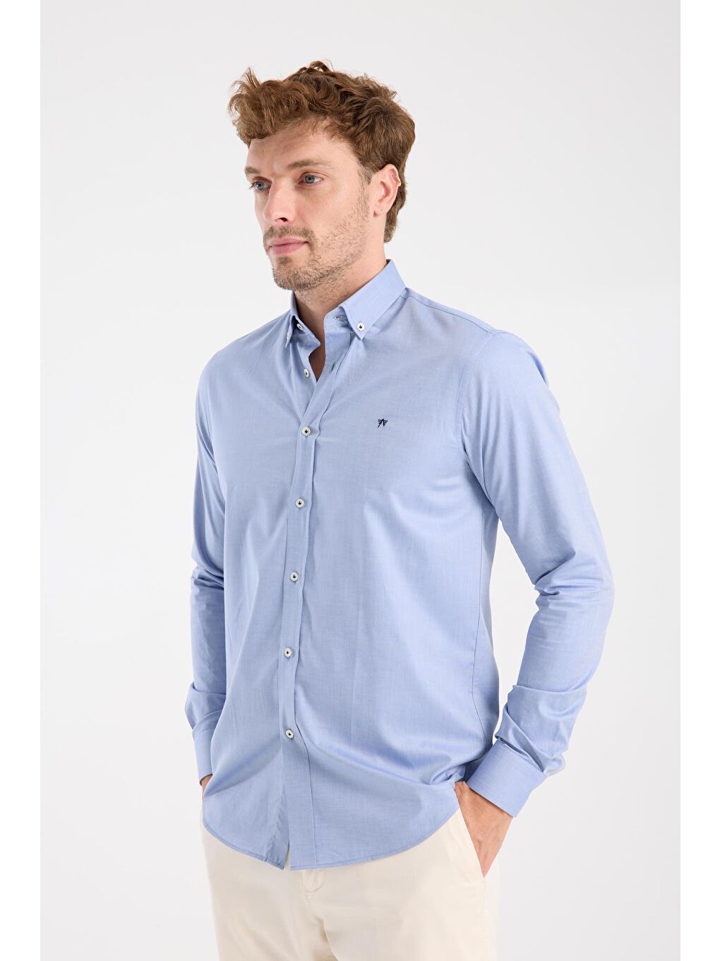 Aclub Ac10104 Twill Pamuklu Slim Fit Koyu Mavi Düğmeli Yaka Erkek Düz Gömlek-3