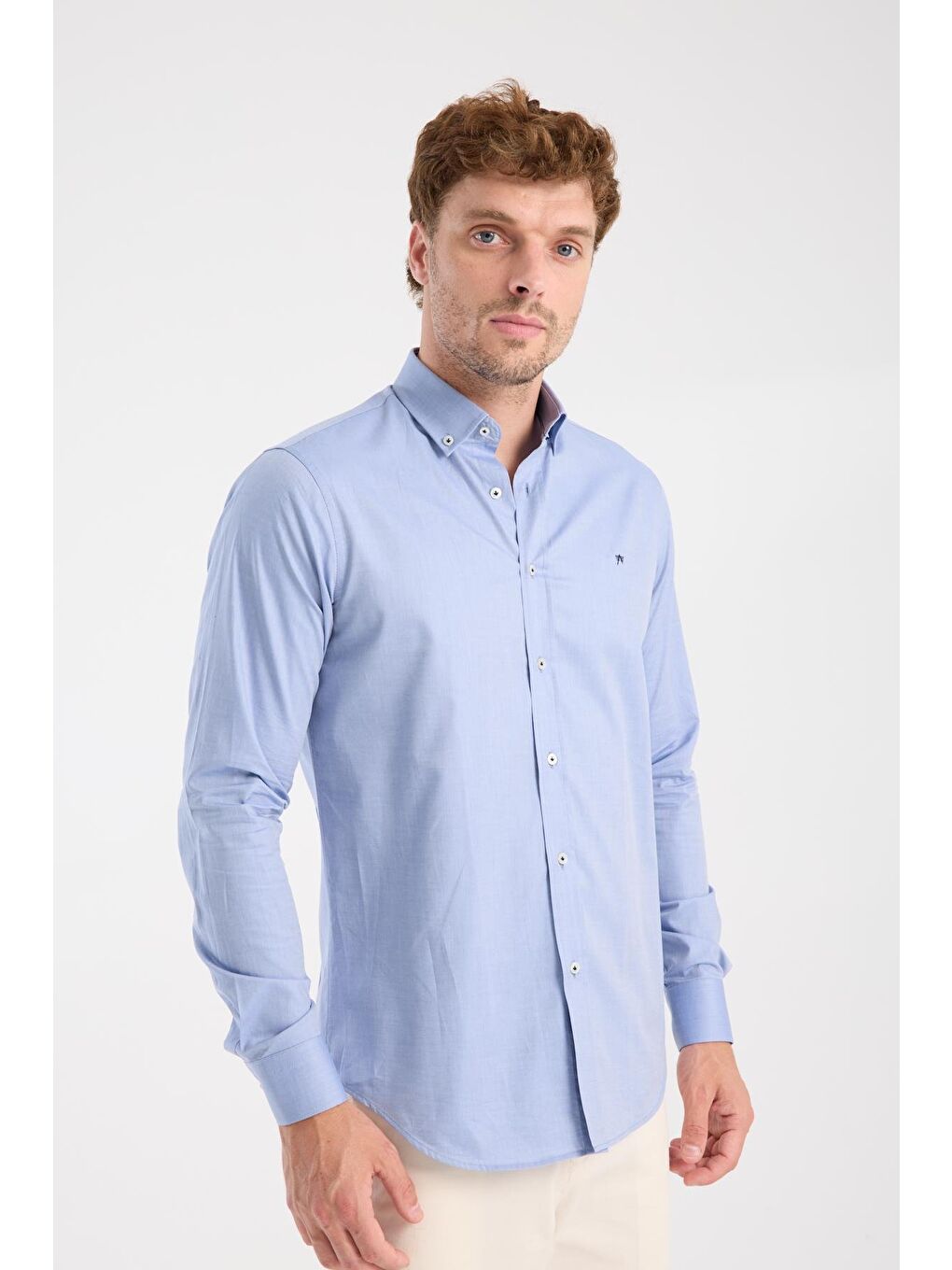 Aclub Ac10104 Twill Pamuklu Slim Fit Koyu Mavi Düğmeli Yaka Erkek Düz Gömlek-4