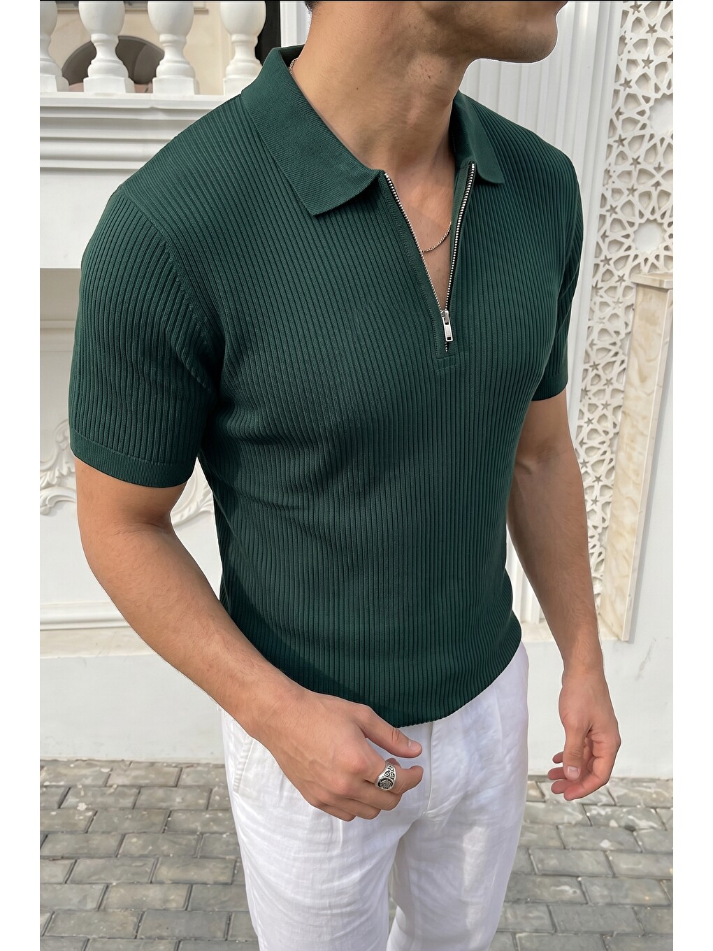 Yeşil Orin Premium Fitilli Triko Polo Yaka Yarım Fermuarlı Erkek Tişört-5