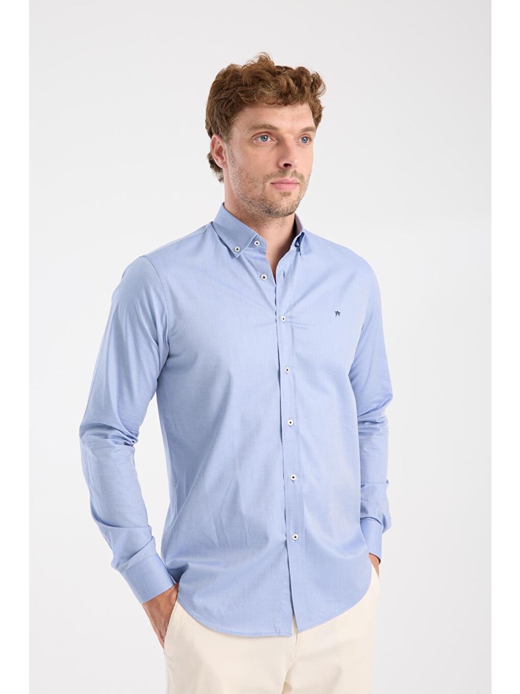 Aclub Ac10104 Twill Pamuklu Slim Fit Koyu Mavi Düğmeli Yaka Erkek Düz Gömlek-5
