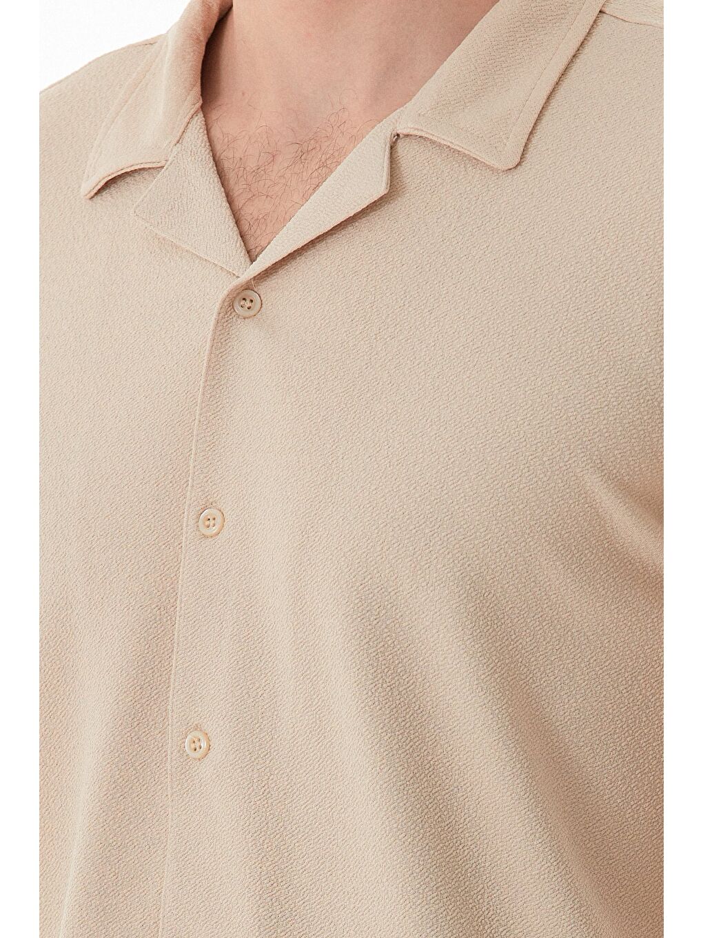 Bej Basic Krep Kumaş Düğmeli Gömlek-3