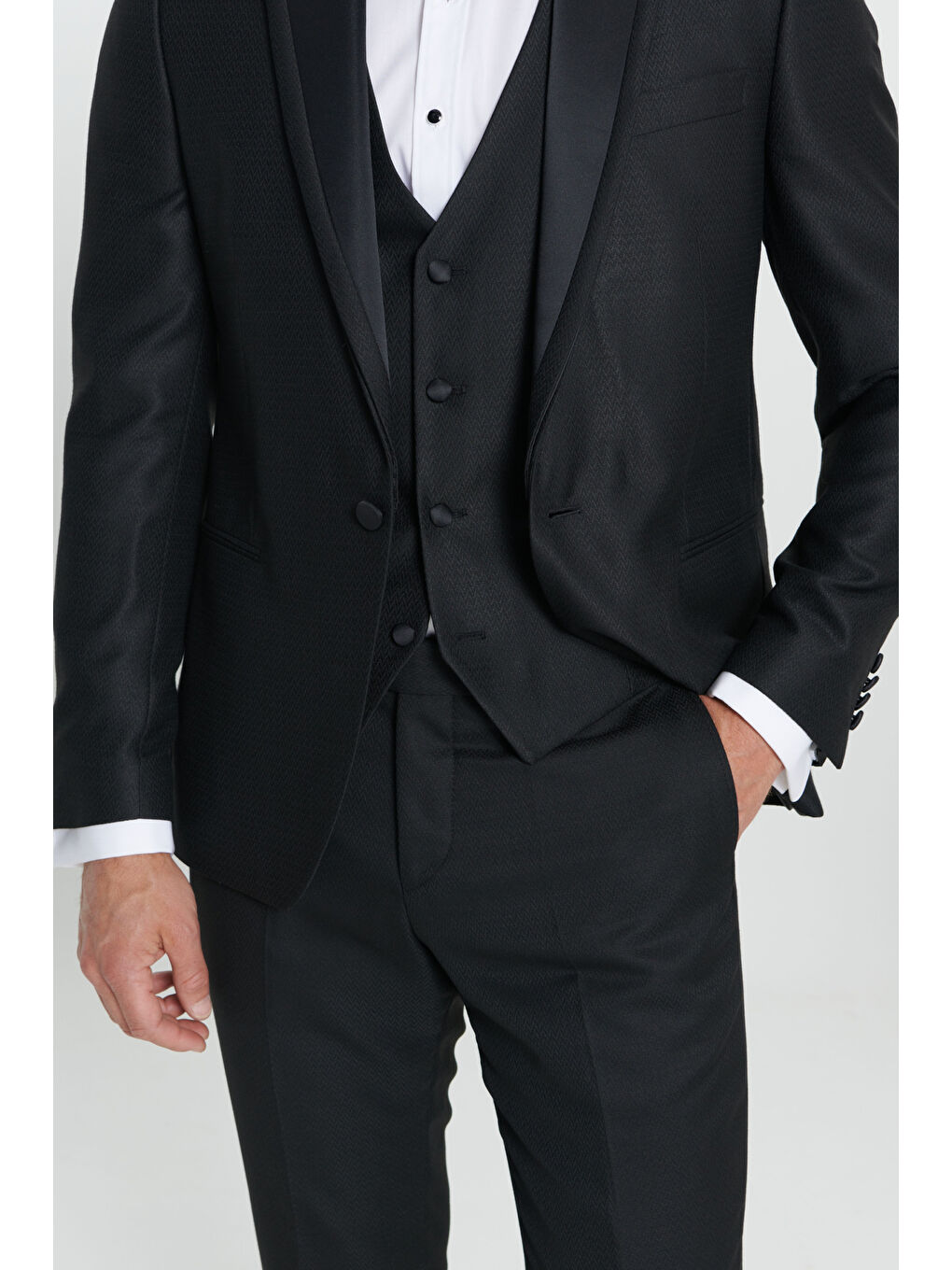 Erkek Siyah Slim Fit Dar Kesim Kırlangıç Yaka Desenli Yelekli Smokin Takım-5