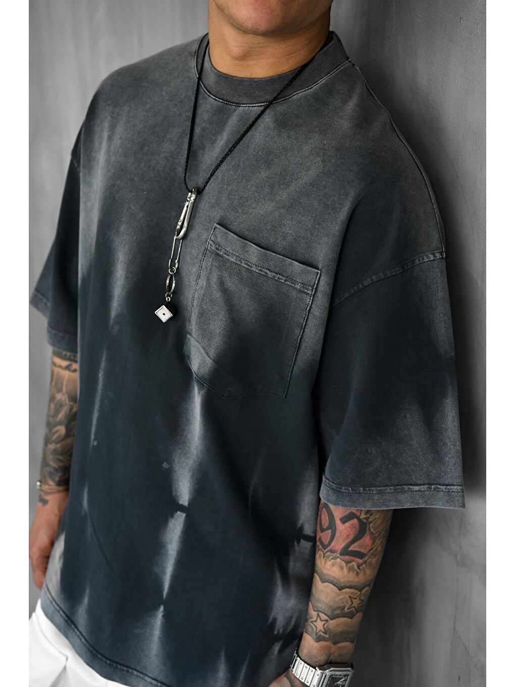 Erkek Yıkama Efektli Oversize Tişört Siyah-1