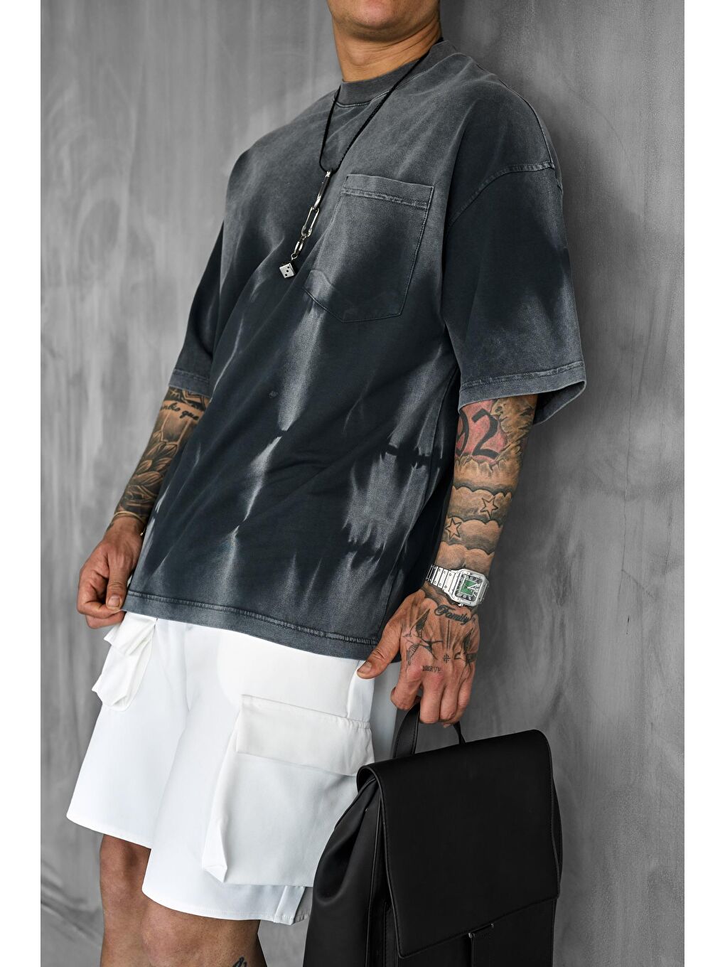 Erkek Yıkama Efektli Oversize Tişört Siyah-5