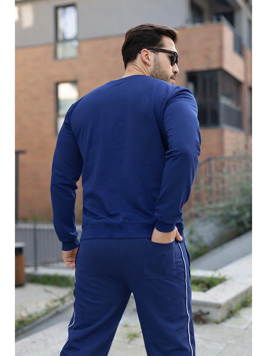 Erkek Çizgili Bisiklet Yaka Dar Lacivert Eşofman Takımı-6