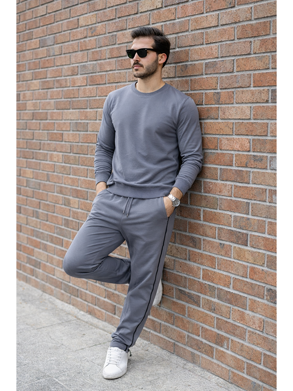 Gri Erkek Çizgili Bisiklet Yaka Dar Füme Eşofman Takımı-4
