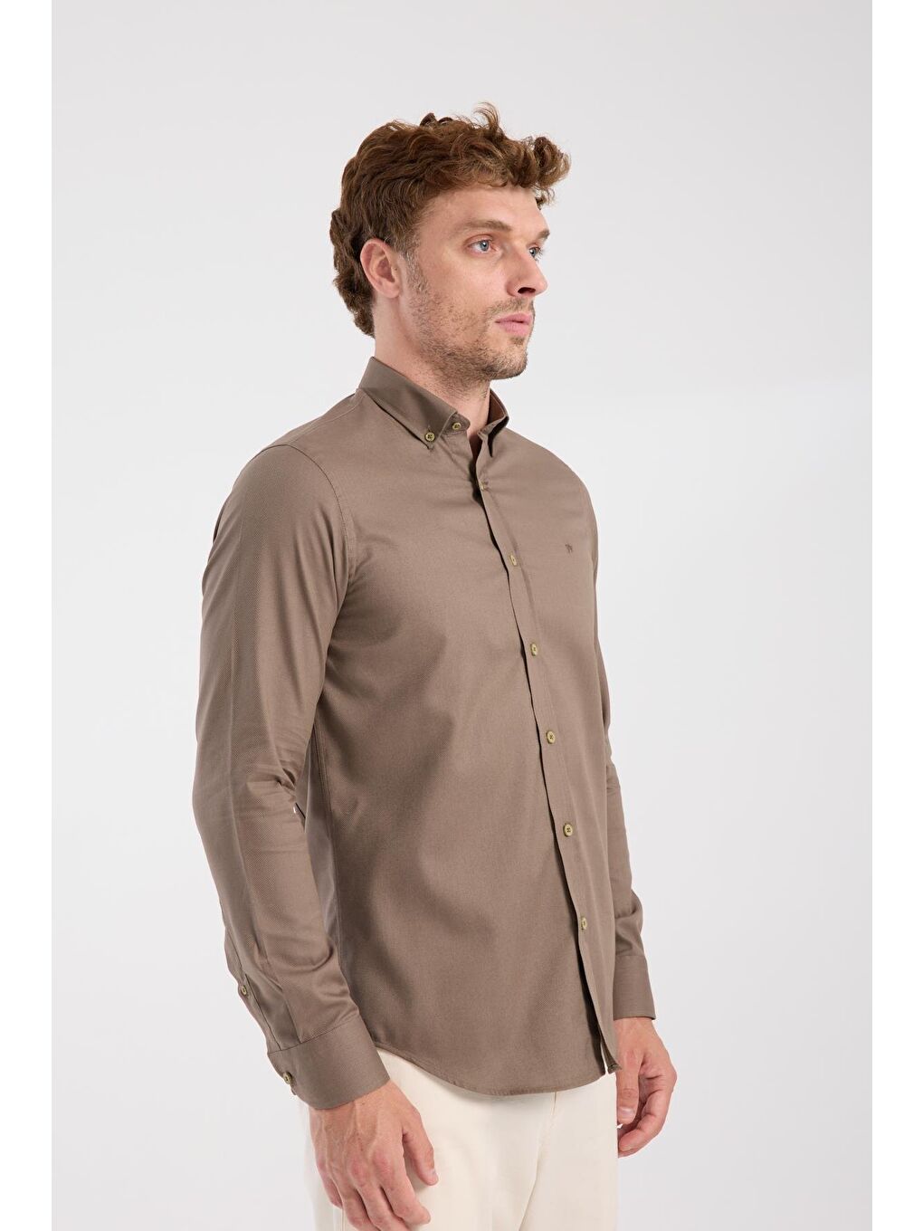 Aclub Ac10103 Twill Pamuklu Slim Fit Kahverengi Düğmeli Yaka Erkek Düz Gömlek-4