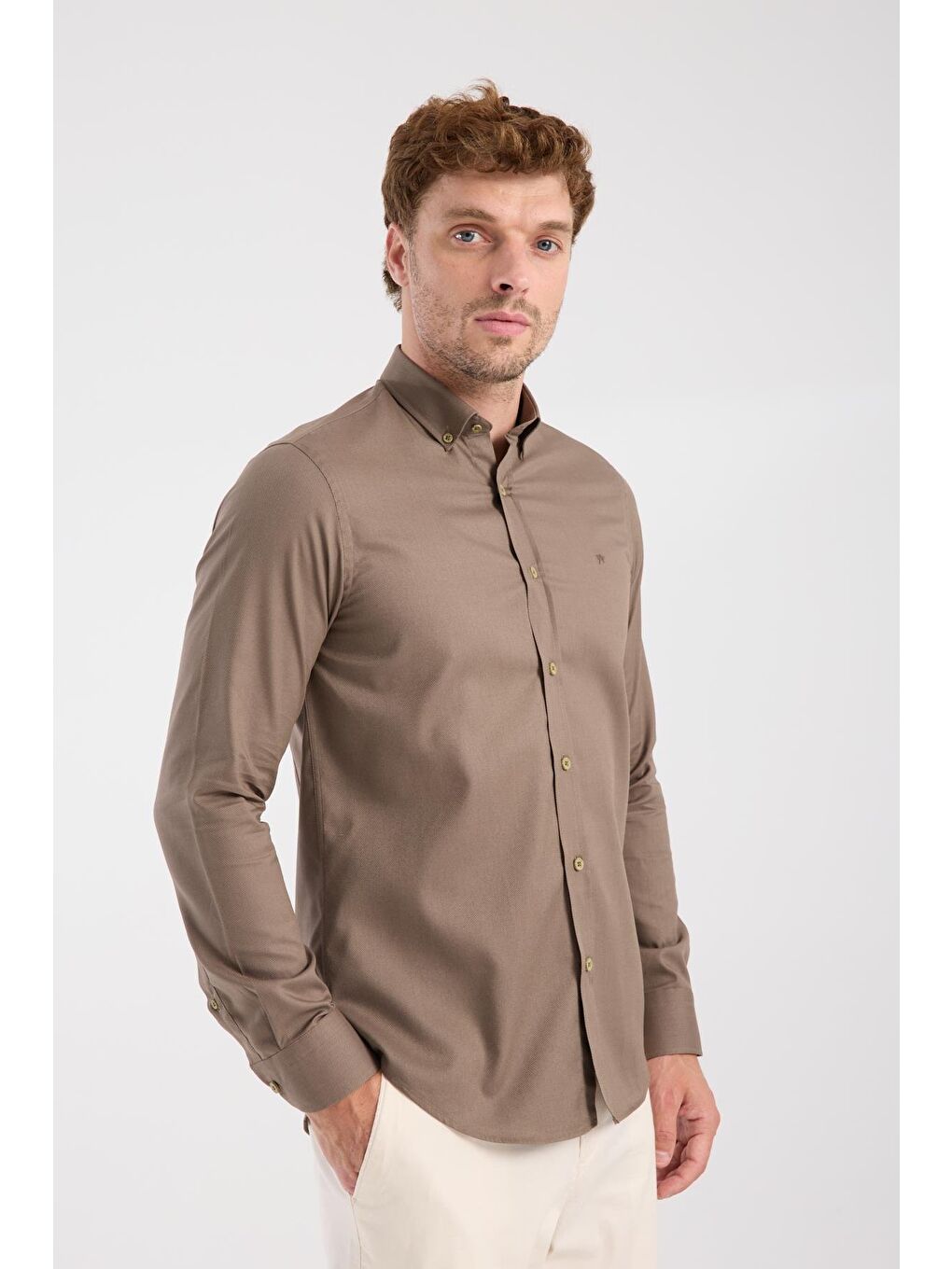 Aclub Ac10103 Twill Pamuklu Slim Fit Kahverengi Düğmeli Yaka Erkek Düz Gömlek-5