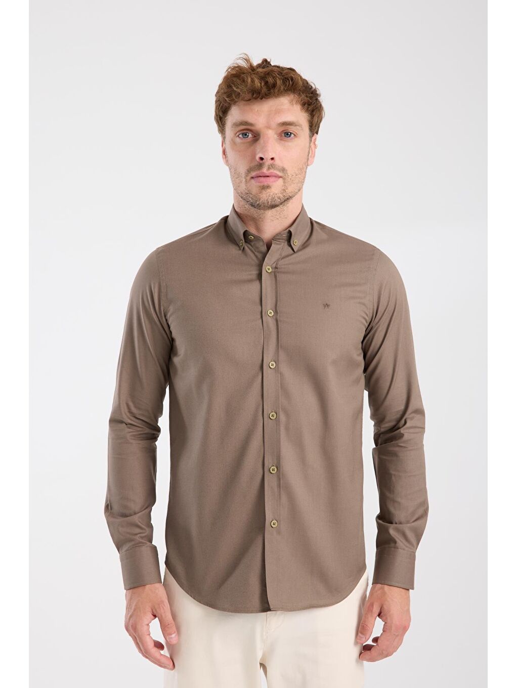 Aclub Ac10103 Twill Pamuklu Slim Fit Kahverengi Düğmeli Yaka Erkek Düz Gömlek-6
