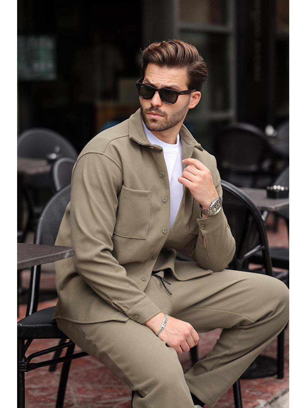 Haki Kaşe Erkek Gömlek Pantolon İkili Takım E7328-3