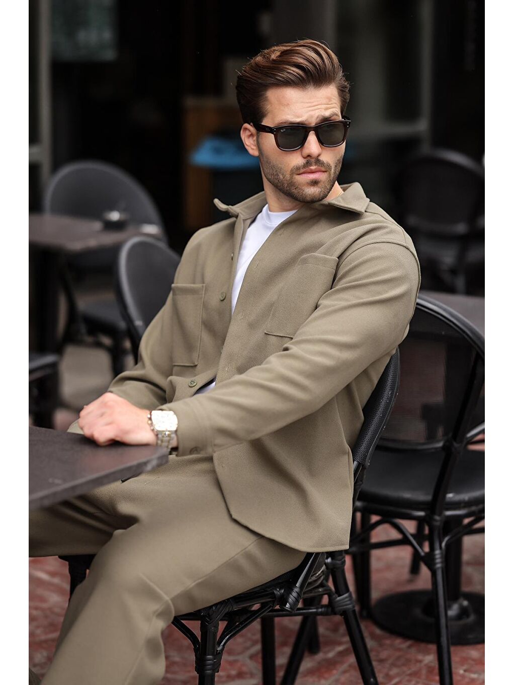 Haki Kaşe Erkek Gömlek Pantolon İkili Takım E7328-4