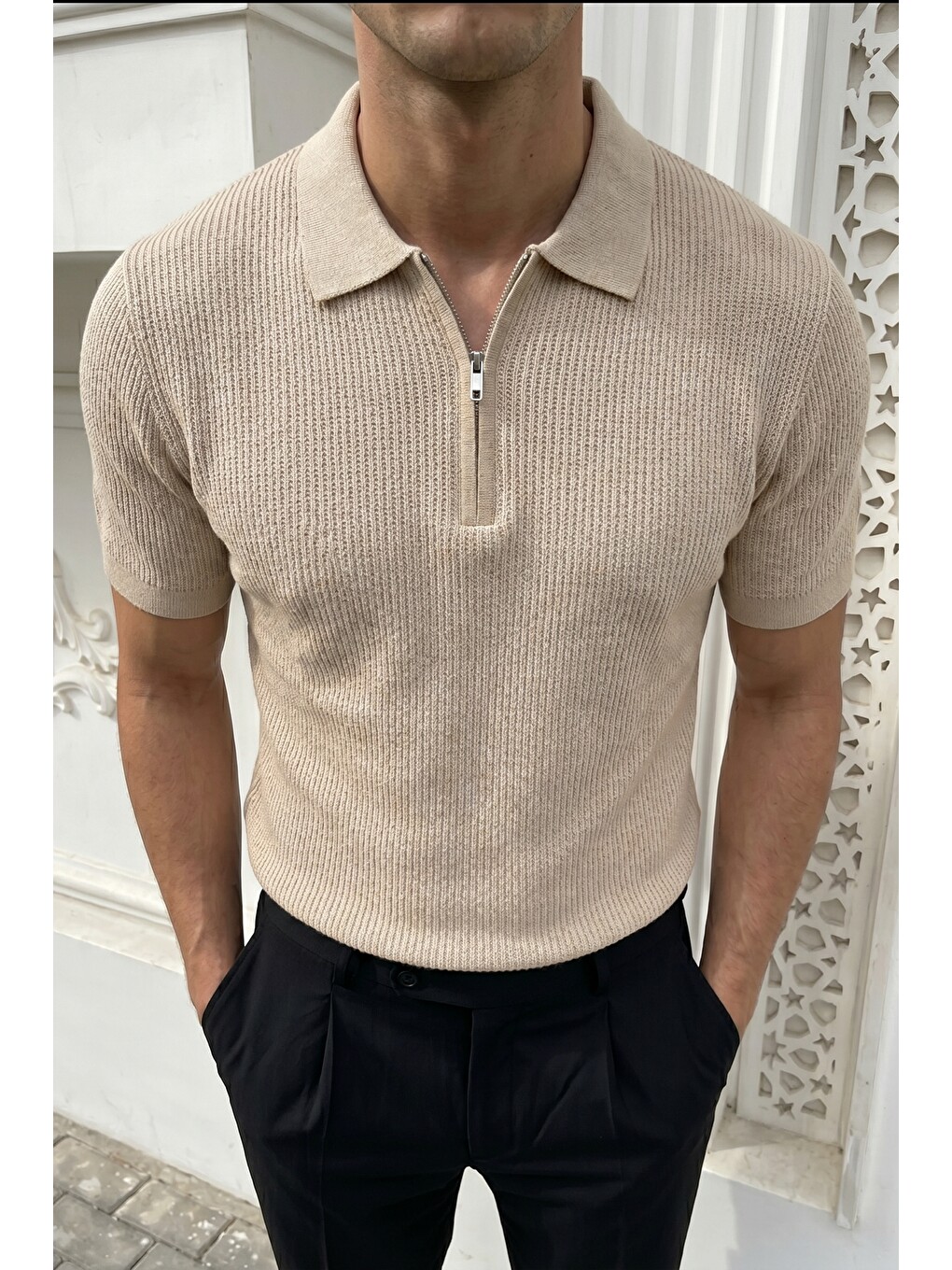 Bej Orin Premium Fitilli Triko Polo Yaka Yarım Fermuarlı Erkek Tişört-1