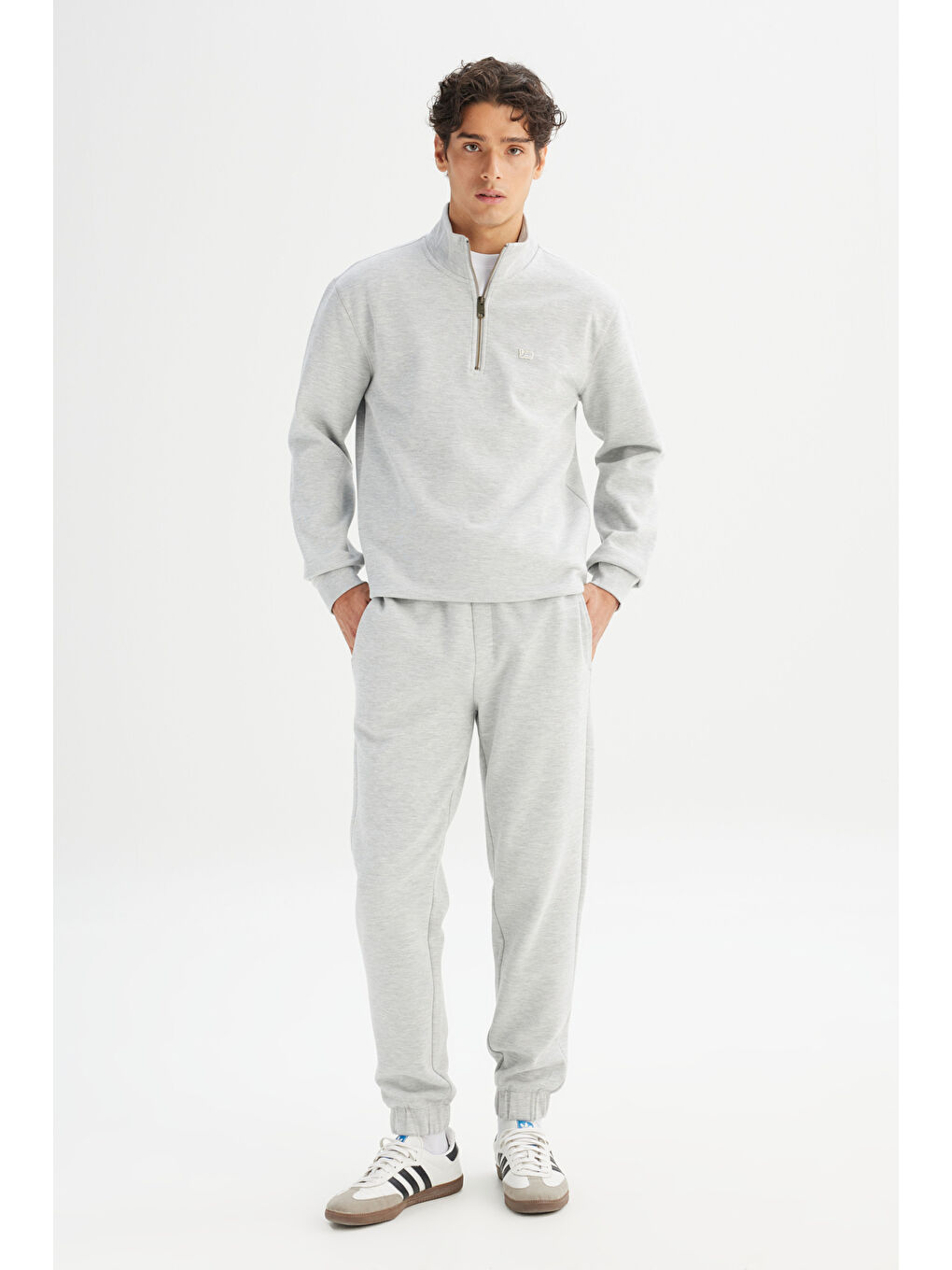 Regular Fit Normal Kesim Kapüşonlu Fermuar Detaylı Gri Melanj Sweatshirt-1