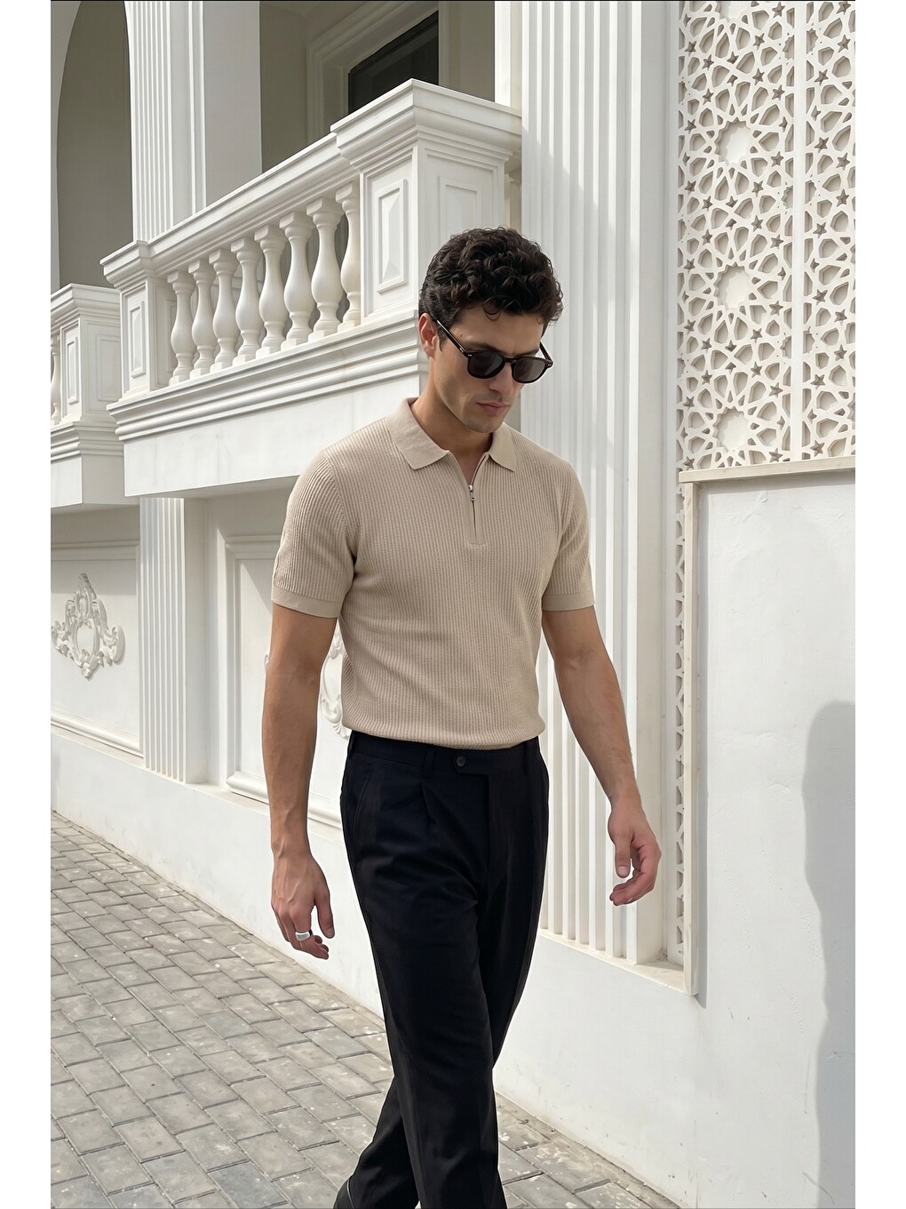 Bej Orin Premium Fitilli Triko Polo Yaka Yarım Fermuarlı Erkek Tişört-2