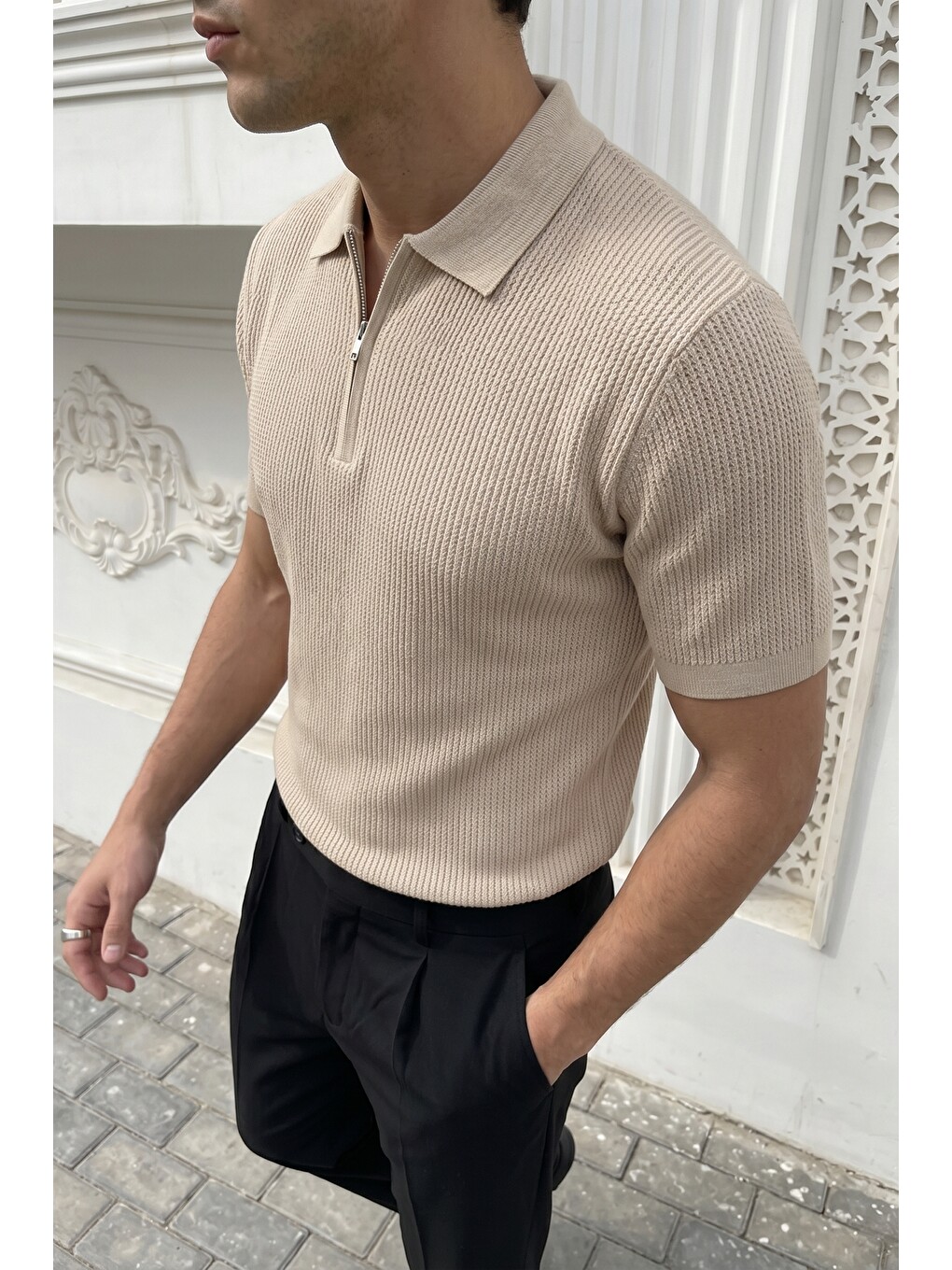 Bej Orin Premium Fitilli Triko Polo Yaka Yarım Fermuarlı Erkek Tişört-5