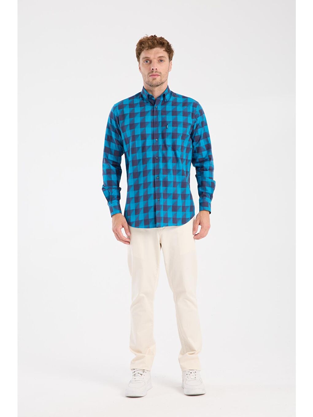 Aclub Ac10102 Twill Pamuklu Regular Fit Lacivert Düğmeli Yaka Erkek Kareli Gömlek
