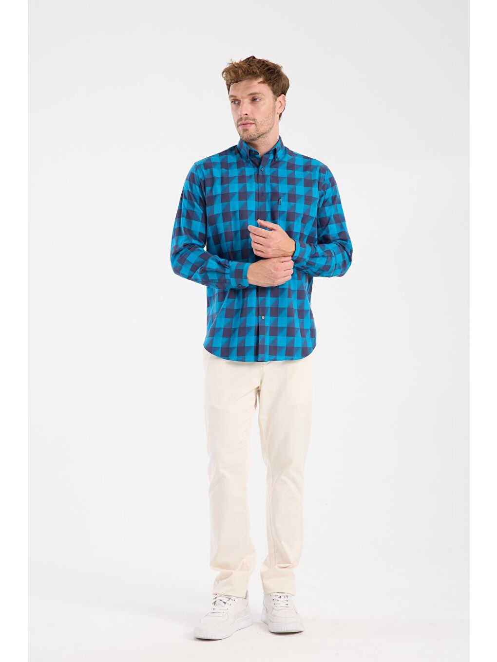 Aclub Ac10102 Twill Pamuklu Regular Fit Lacivert Düğmeli Yaka Erkek Kareli Gömlek-1