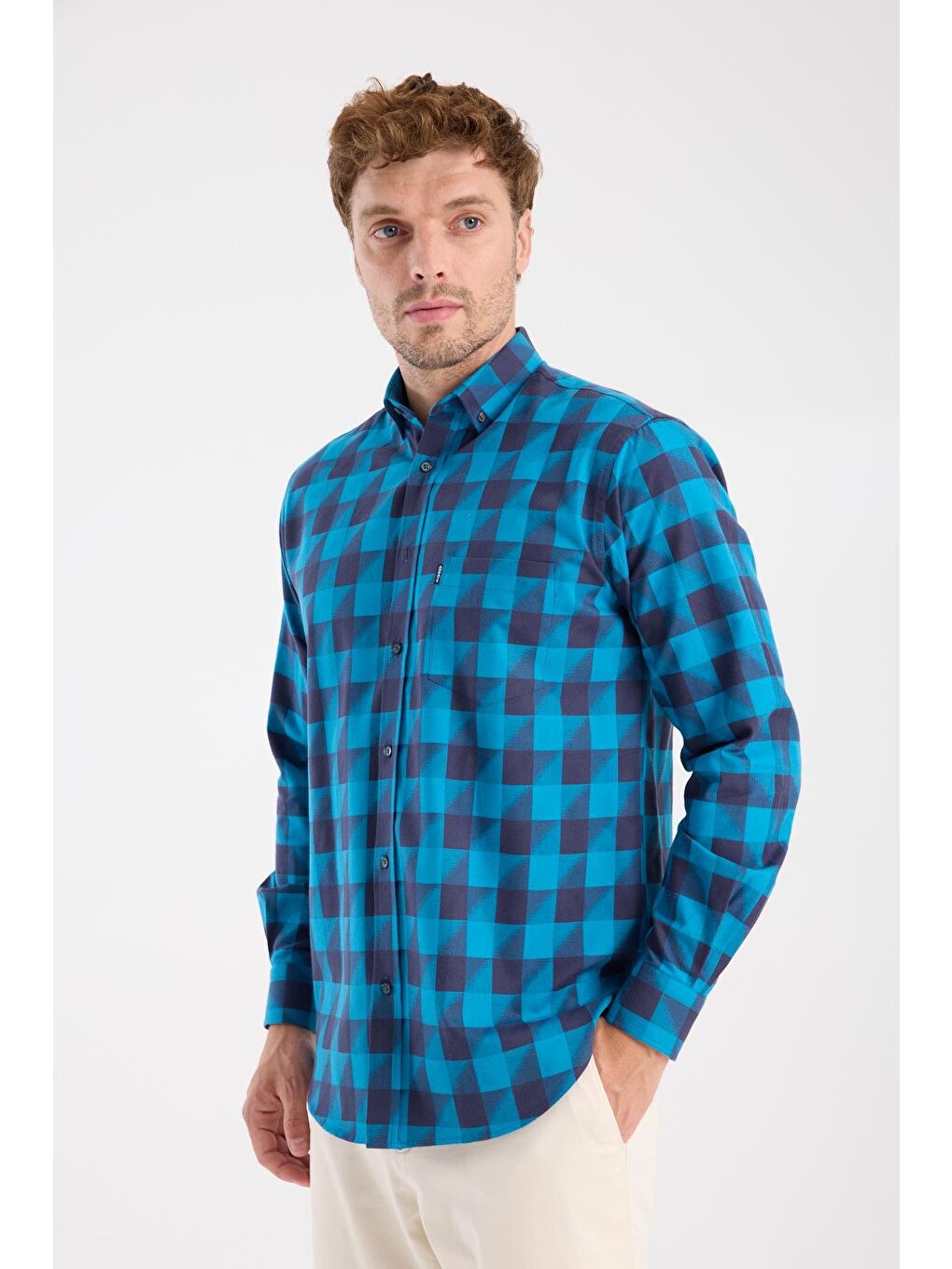 Aclub Ac10102 Twill Pamuklu Regular Fit Lacivert Düğmeli Yaka Erkek Kareli Gömlek-2