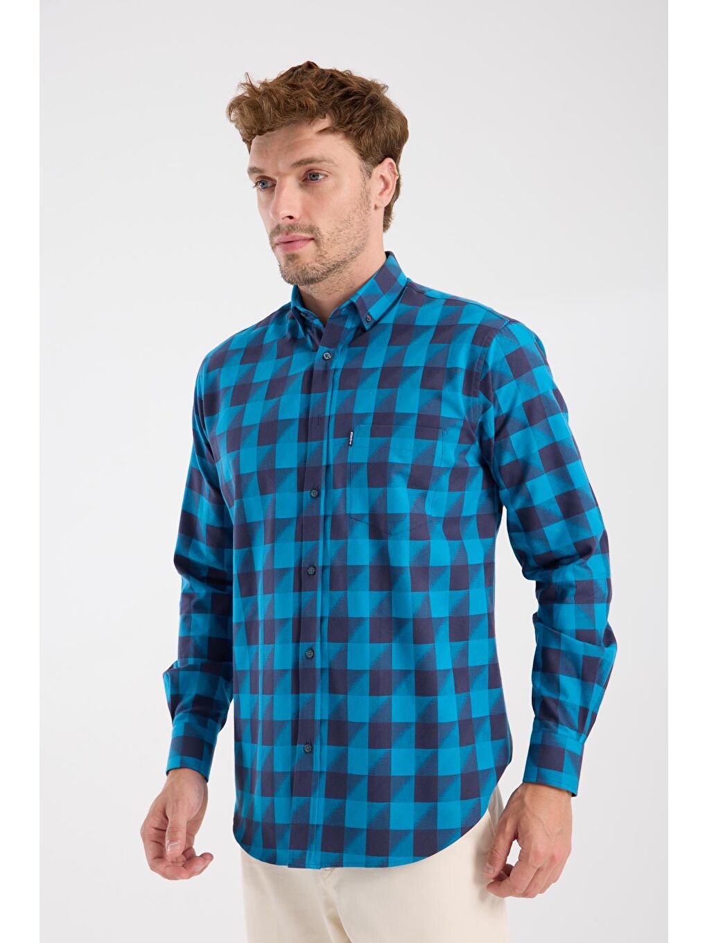 Aclub Ac10102 Twill Pamuklu Regular Fit Lacivert Düğmeli Yaka Erkek Kareli Gömlek-3