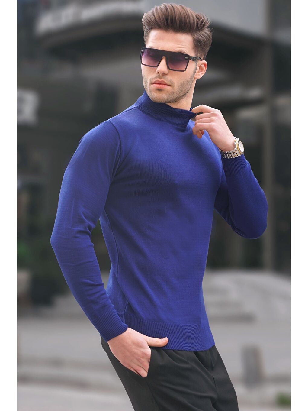 Mavi Saks Slim Fit Yarım Balıkçı Yaka Erkek Triko Kazak 6343