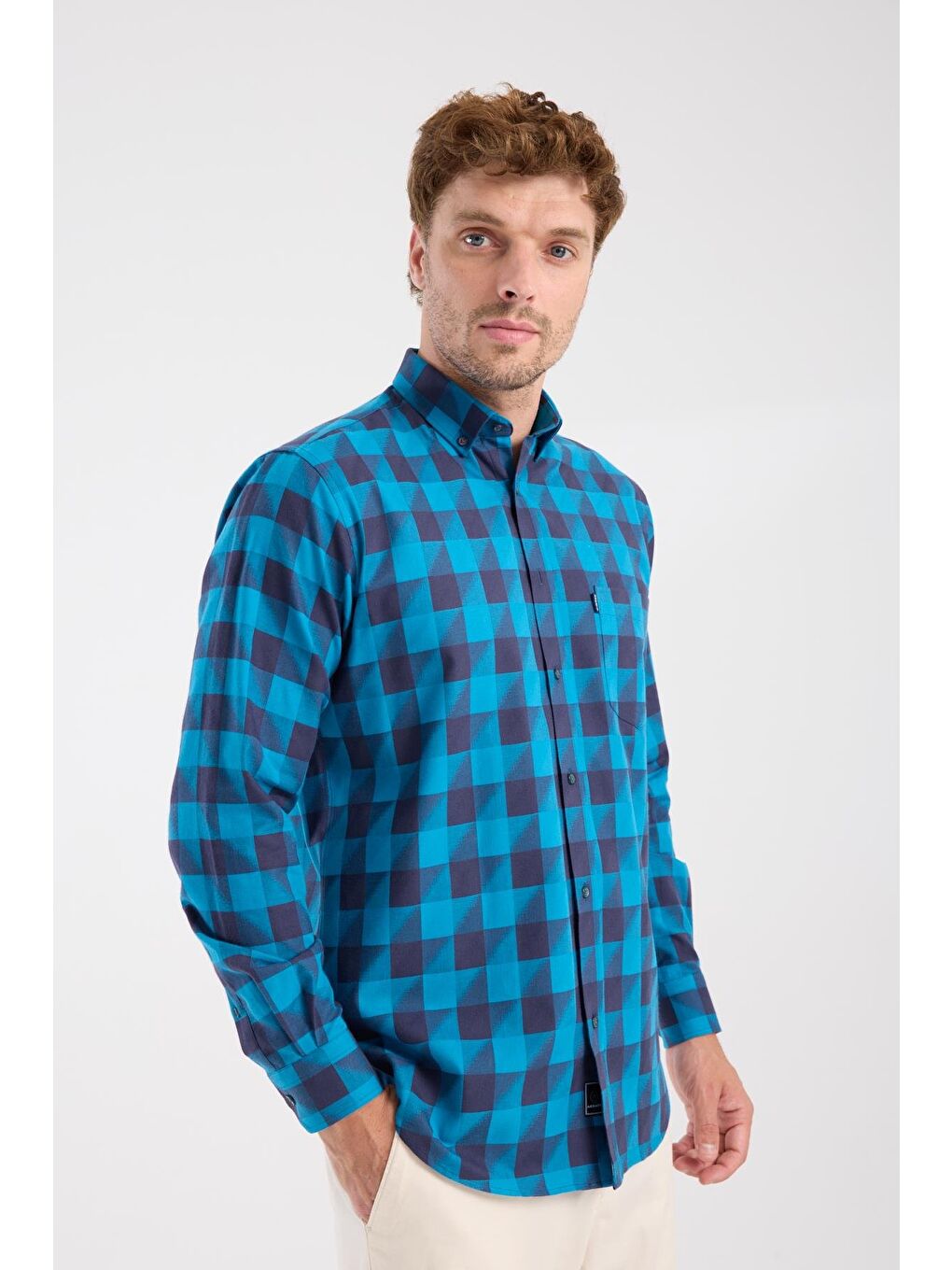 Aclub Ac10102 Twill Pamuklu Regular Fit Lacivert Düğmeli Yaka Erkek Kareli Gömlek-4