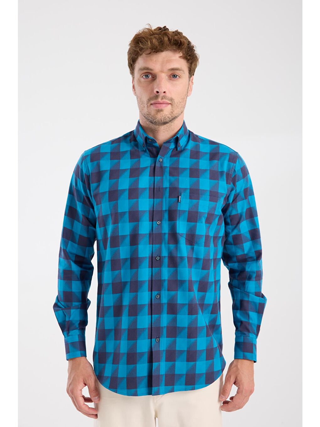 Aclub Ac10102 Twill Pamuklu Regular Fit Lacivert Düğmeli Yaka Erkek Kareli Gömlek-5