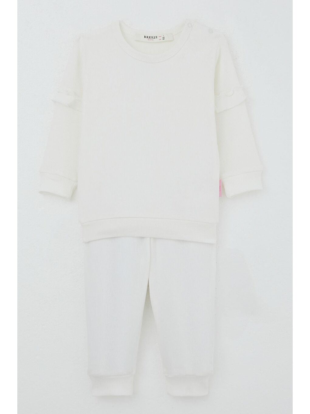 Kız Bebek Pijama Takımı Omuzdan Patlı Kolları Fırfır Detaylı Ekru (4 Ay-1 Yaş)