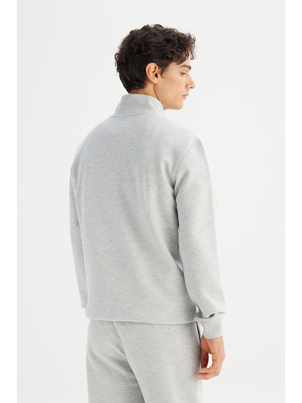 Regular Fit Normal Kesim Kapüşonlu Fermuar Detaylı Gri Melanj Sweatshirt-4