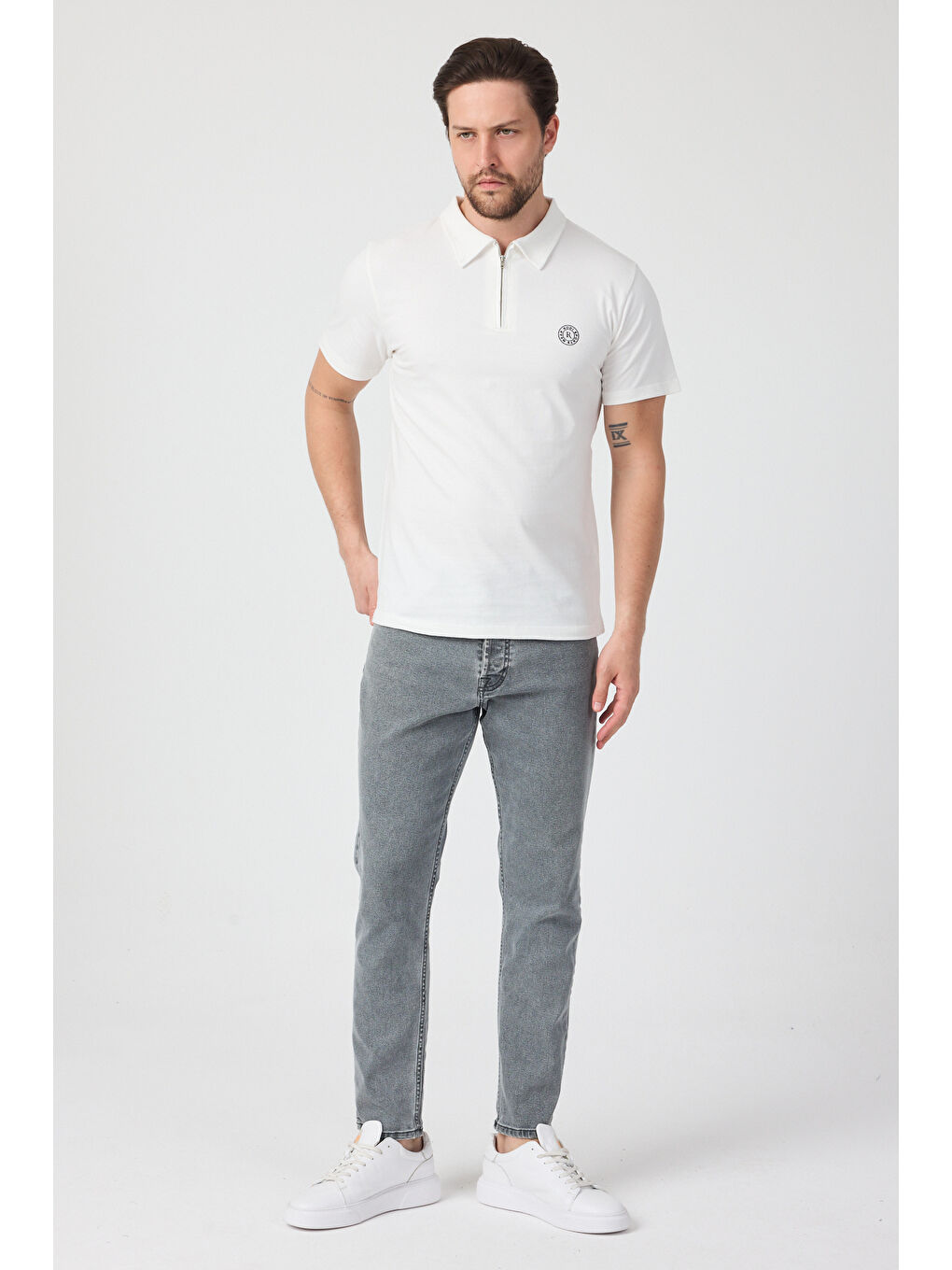 Ekru Erkek Önü Fermuarlı Polo Yaka Tshirt 1981-0