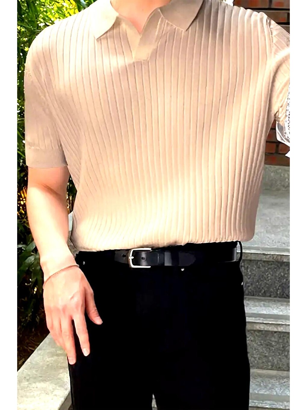 Bej Lorens Çizgili Elastanlı Slim Fit Polo Yaka Örme Erkek Triko Tişört-1