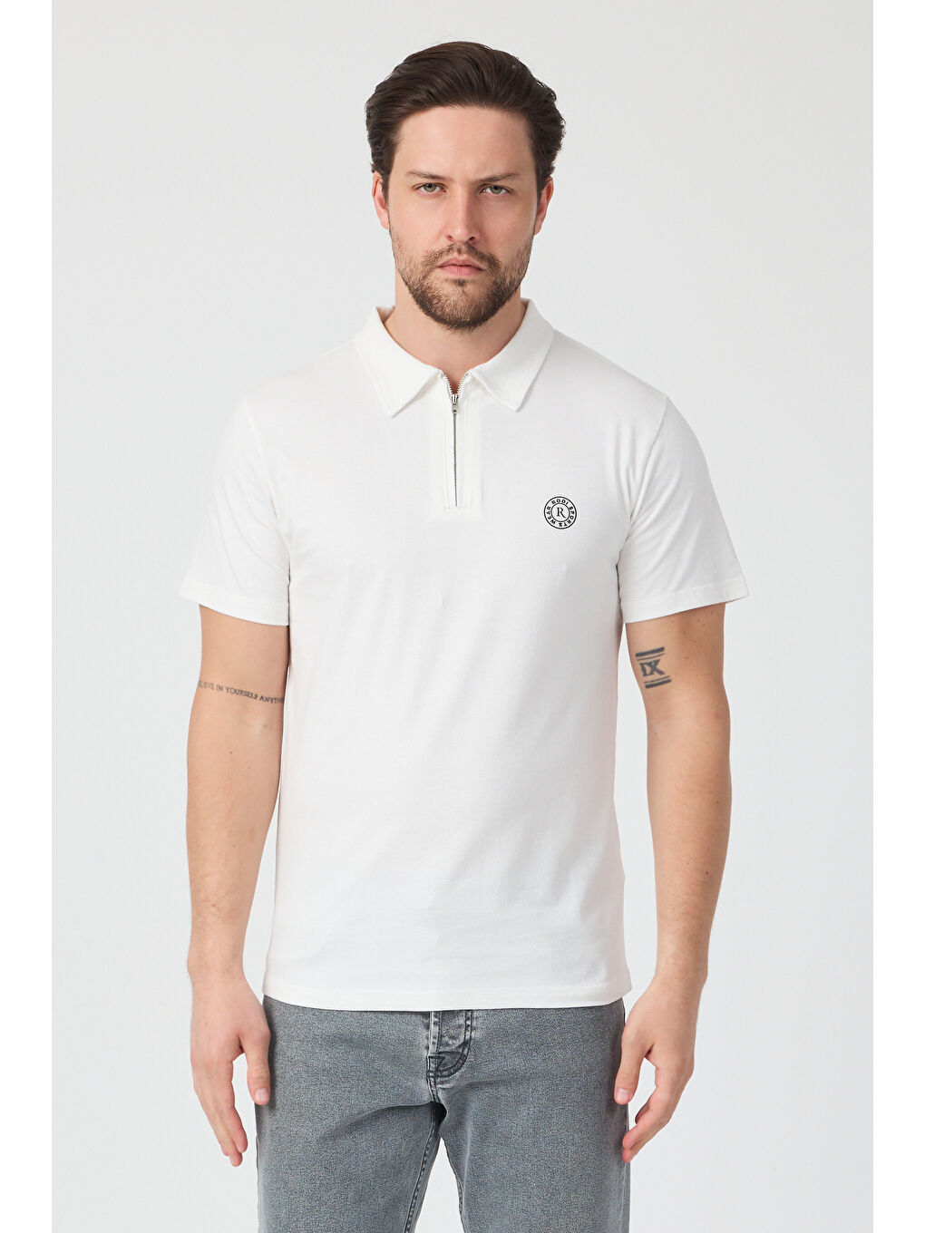 Ekru Erkek Önü Fermuarlı Polo Yaka Tshirt 1981-1