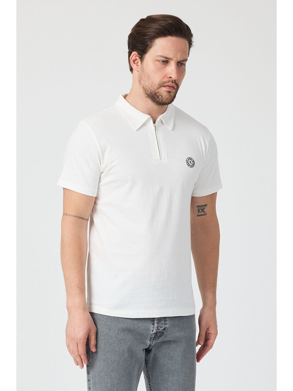 Ekru Erkek Önü Fermuarlı Polo Yaka Tshirt 1981-2
