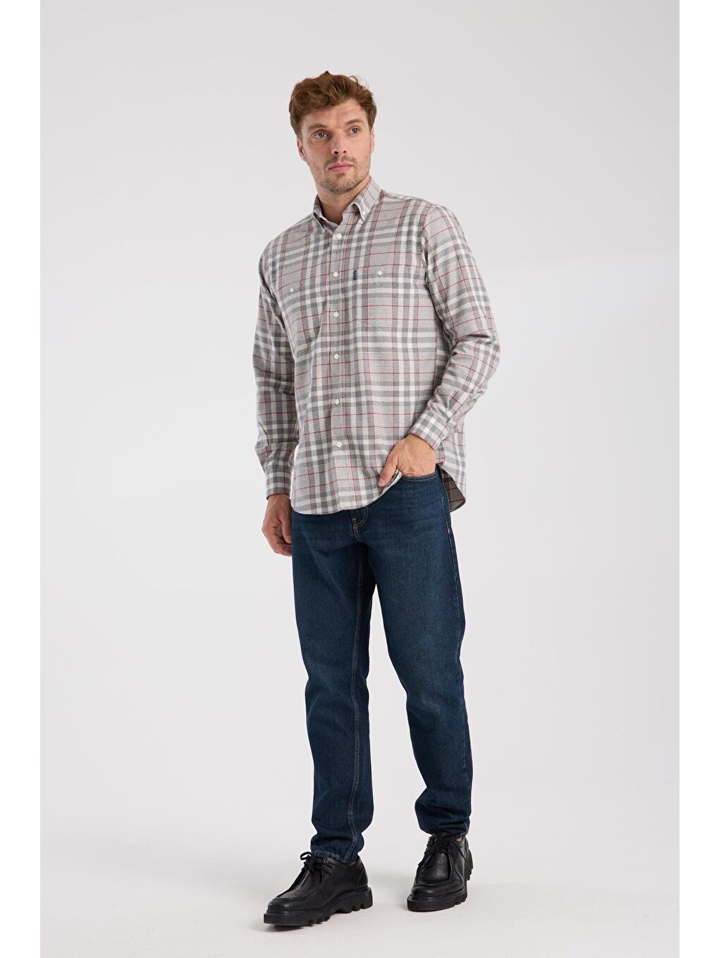 Aclub Ac10094 Flanel Pamuk Karışımlı Regular Fit Gri Düğmeli Yaka Erkek Kareli Gömlek-1