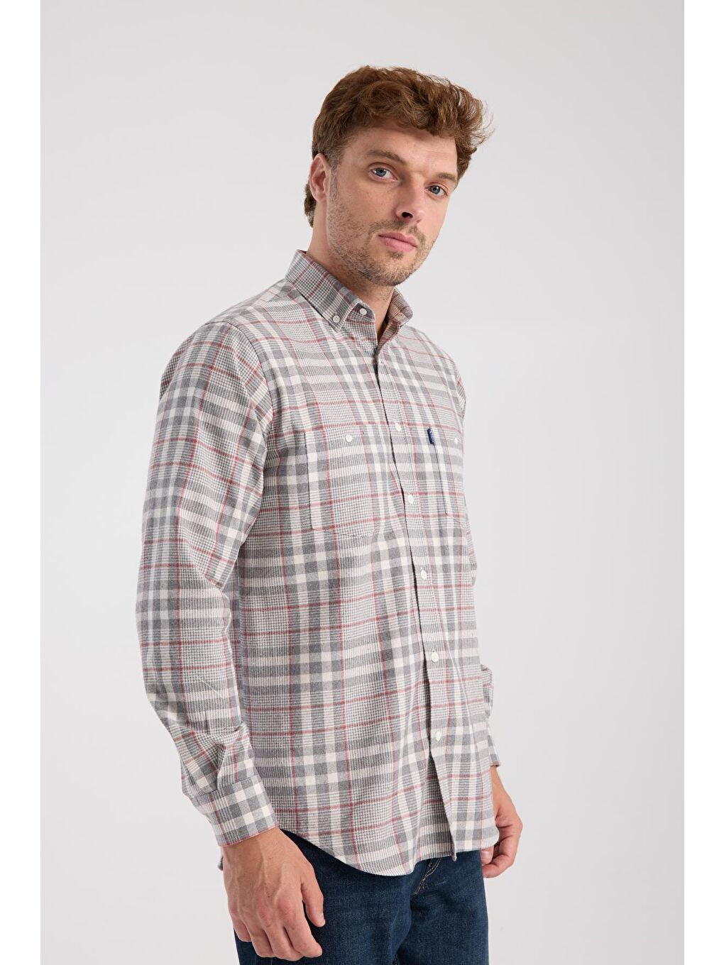Aclub Ac10094 Flanel Pamuk Karışımlı Regular Fit Gri Düğmeli Yaka Erkek Kareli Gömlek-4
