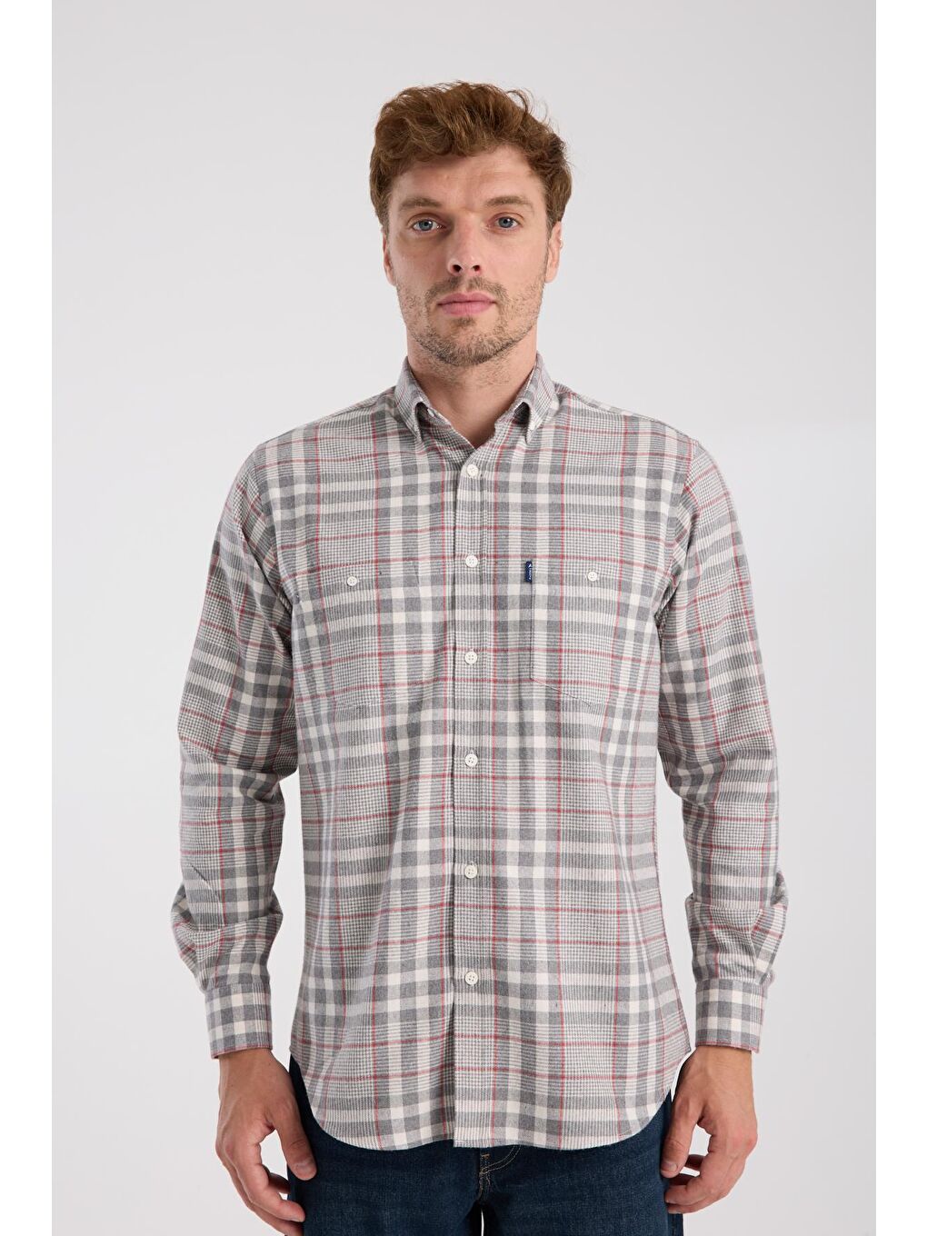 Aclub Ac10094 Flanel Pamuk Karışımlı Regular Fit Gri Düğmeli Yaka Erkek Kareli Gömlek-5