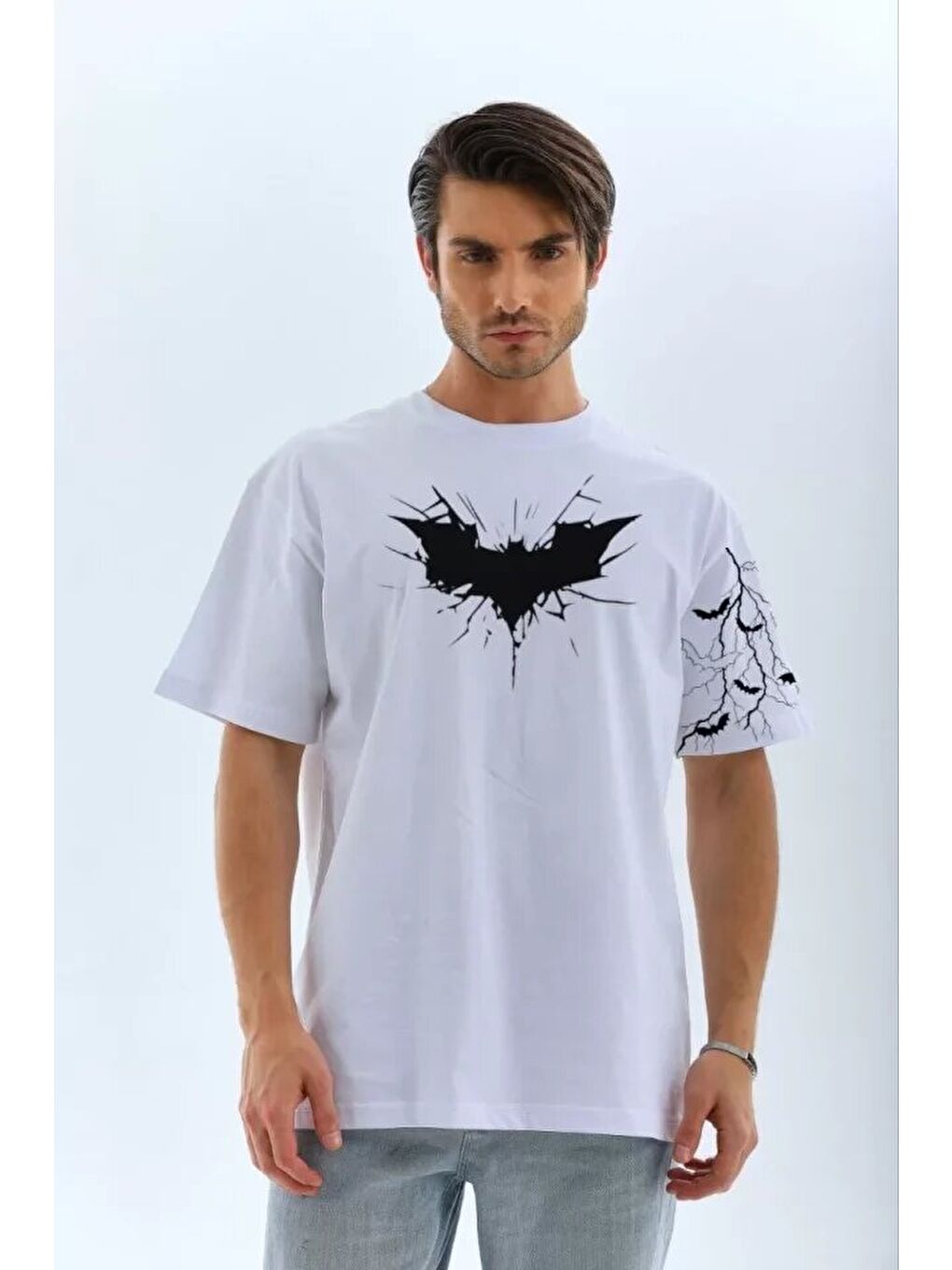 Unisex Ön Ve Kol Baskılı Oversize T-shirt - Beyaz