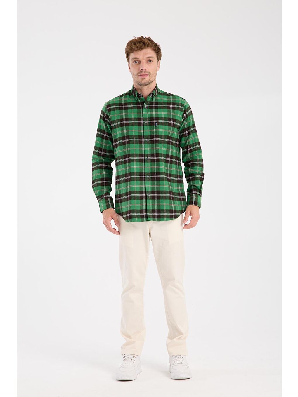 Aclub Ac10101 Flanel Pamuklu Regular Fit Yeşil Düğmeli Yaka Erkek Kareli Gömlek