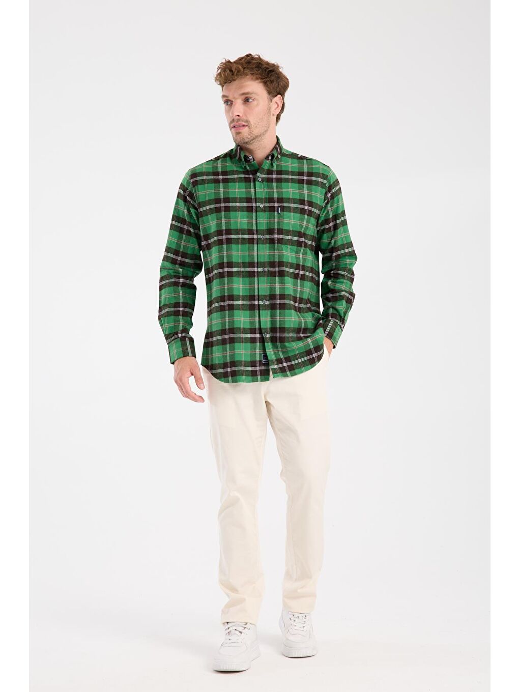 Aclub Ac10101 Flanel Pamuklu Regular Fit Yeşil Düğmeli Yaka Erkek Kareli Gömlek-1