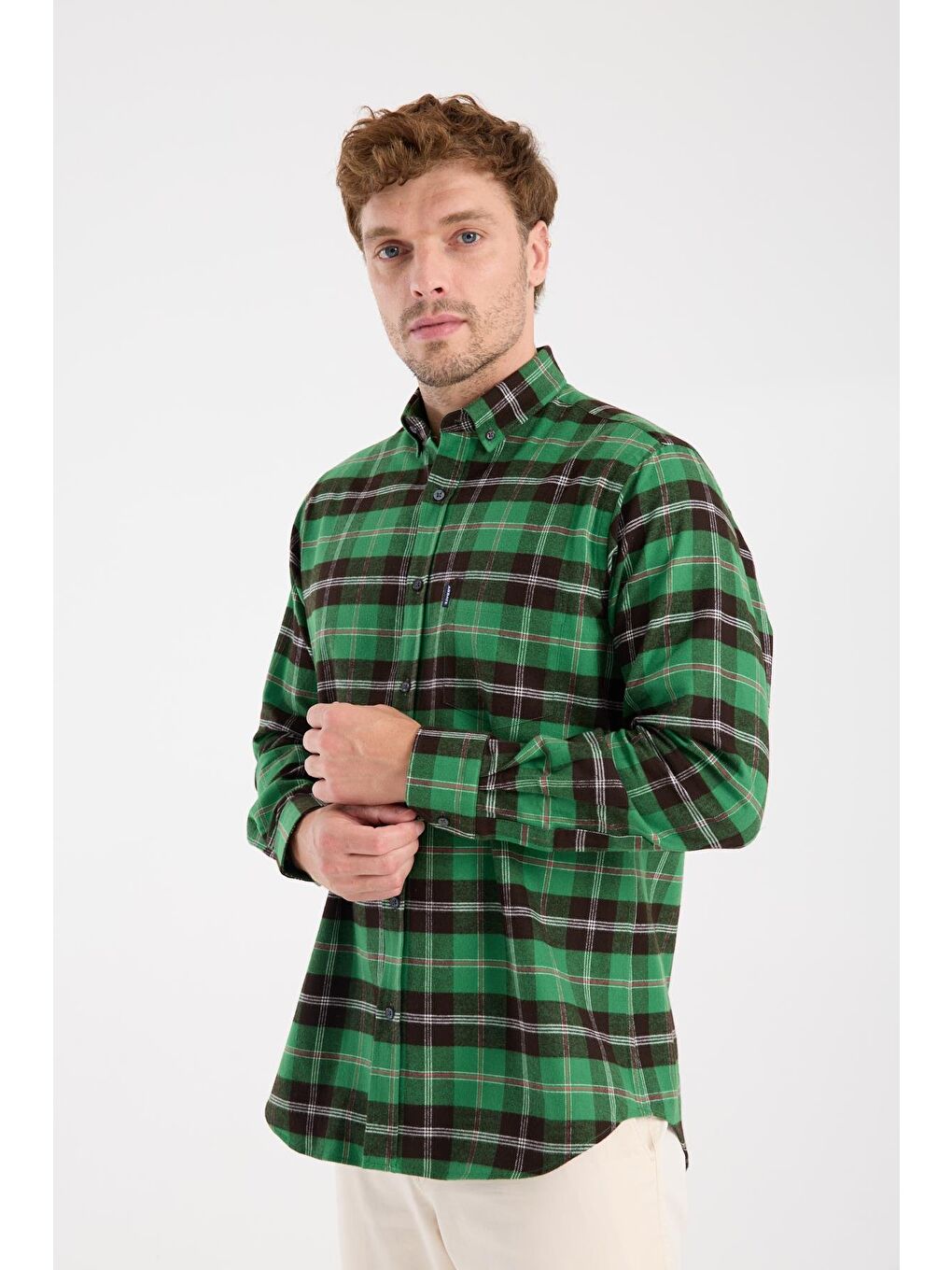 Aclub Ac10101 Flanel Pamuklu Regular Fit Yeşil Düğmeli Yaka Erkek Kareli Gömlek-2