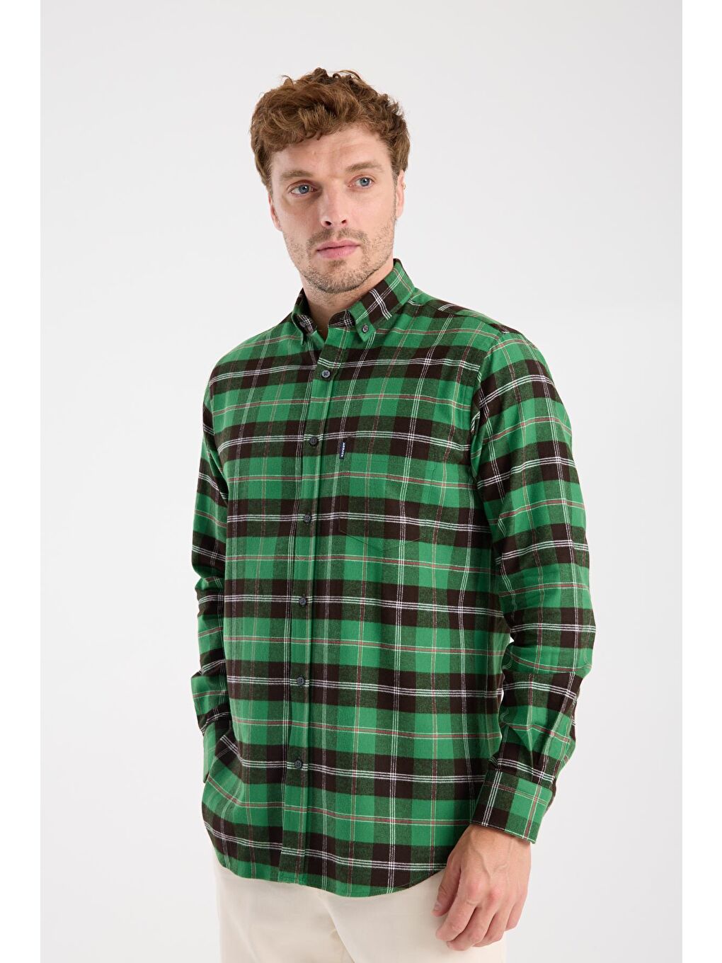 Aclub Ac10101 Flanel Pamuklu Regular Fit Yeşil Düğmeli Yaka Erkek Kareli Gömlek-3