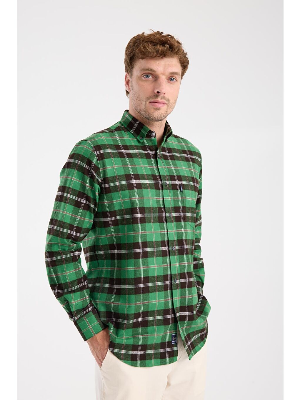 Aclub Ac10101 Flanel Pamuklu Regular Fit Yeşil Düğmeli Yaka Erkek Kareli Gömlek-4