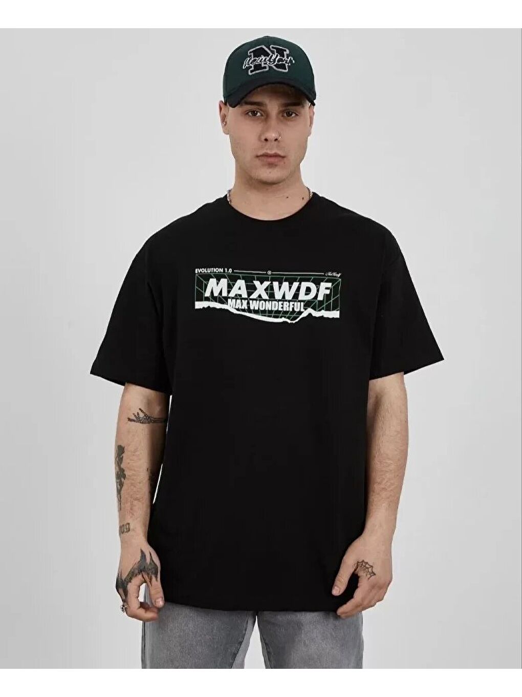 Unisex Bisiklet Yaka Baskılı Oversize T-Shirt - Siyah