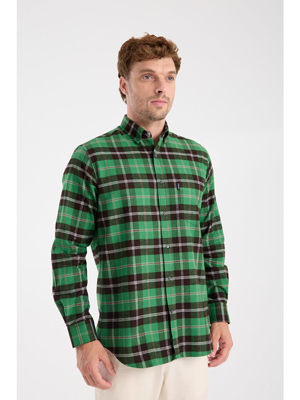 Aclub Ac10101 Flanel Pamuklu Regular Fit Yeşil Düğmeli Yaka Erkek Kareli Gömlek-5