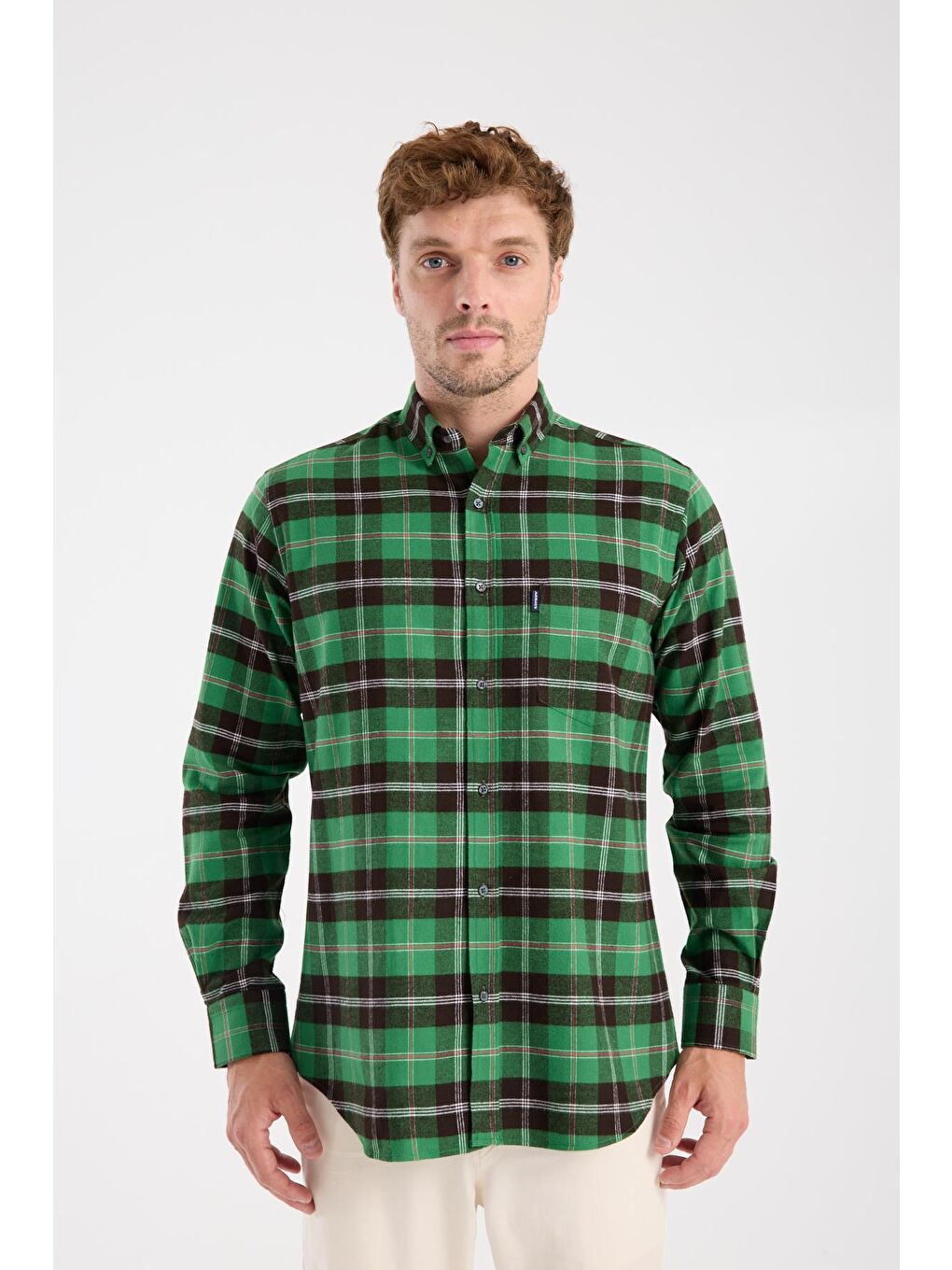 Aclub Ac10101 Flanel Pamuklu Regular Fit Yeşil Düğmeli Yaka Erkek Kareli Gömlek-6
