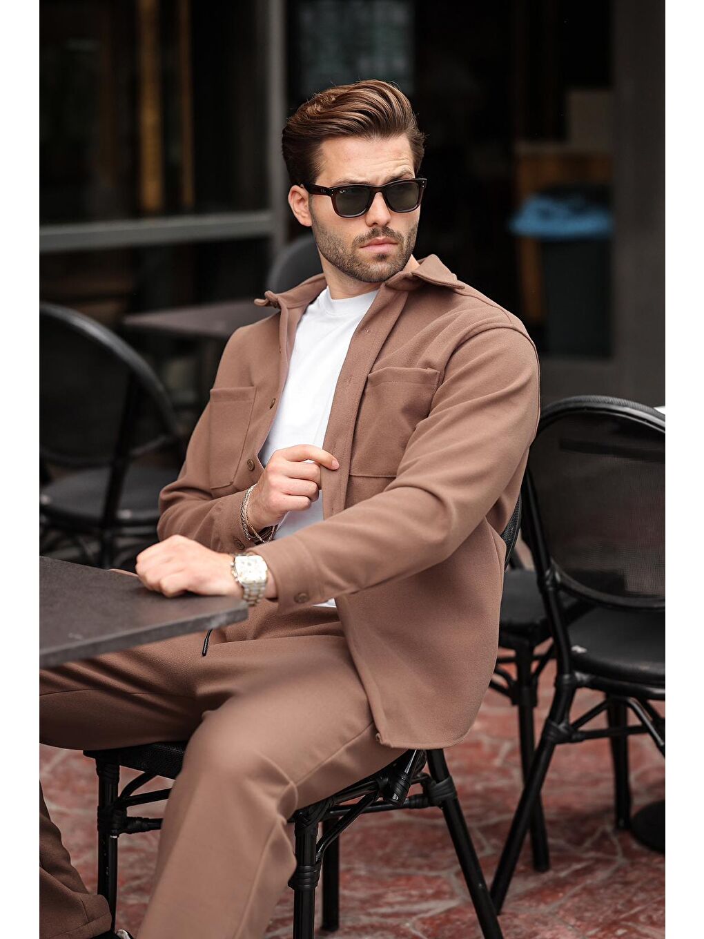 Kahverengi Kaşe Erkek Gömlek Pantolon İkili Takım E7328-2