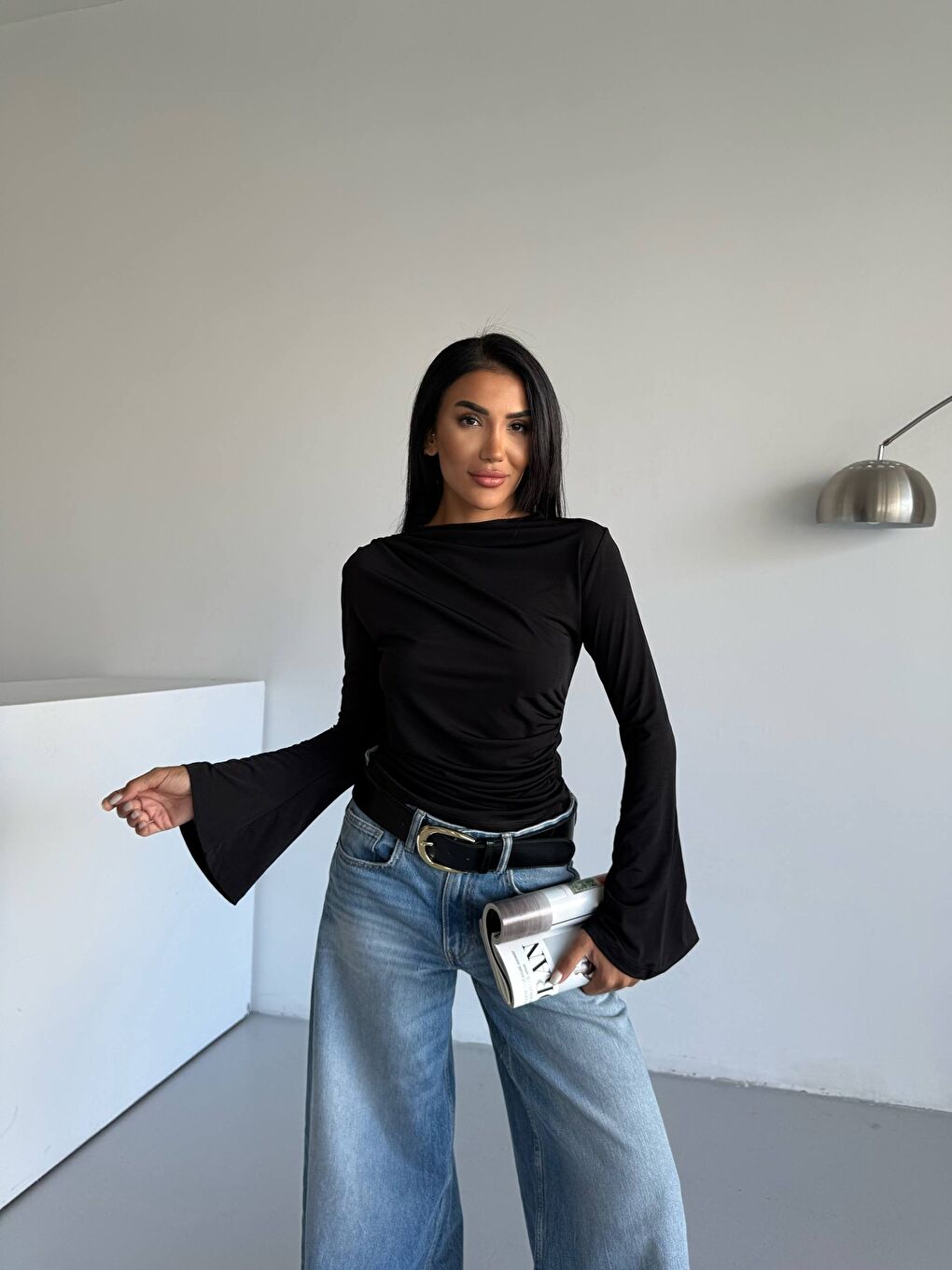 Siyah Kol Detay Sandy Bluz-3