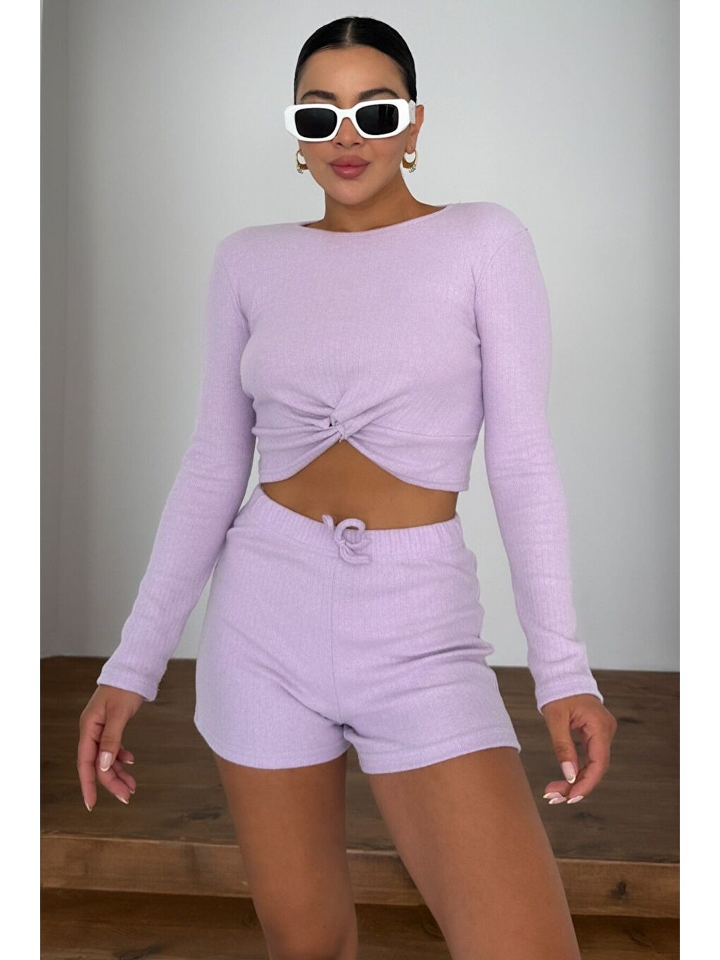 Mor Kadın Eflatun Önü Büzgülü Uzun Kollu Crop Şortlu Alt-Üst Takım